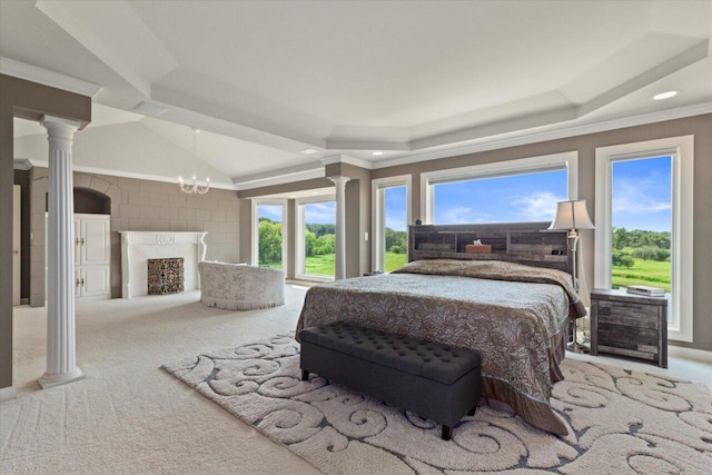N84W36411 Riverwood Ln, Oconomowoc, WI 53066 - carpeted bedroom with vaulted ceiling, an inviting chandelier, ornamental molding, and a raised ceiling