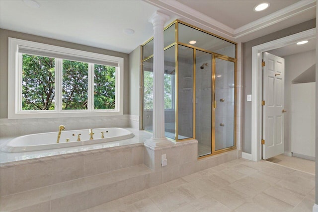 N84W36411 Riverwood Ln, Oconomowoc, WI 53066 - bathroom featuring crown molding, ornate columns, and plus walk in shower