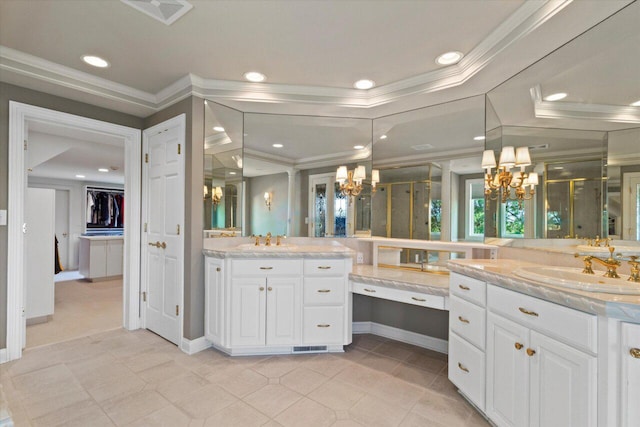 N84W36411 Riverwood Ln, Oconomowoc, WI 53066 - bathroom featuring a shower with shower door, vanity, and ornamental molding