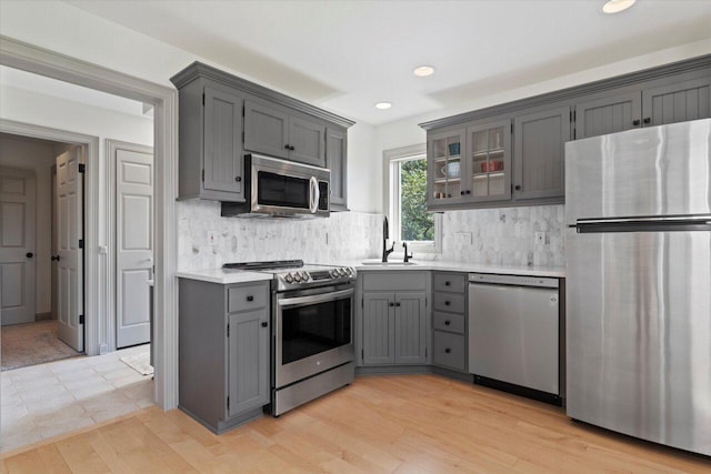 N84W36411 Riverwood Ln, Oconomowoc, WI 53066 - kitchen featuring stainless steel appliances, gray cabinetry, backsplash, and sink