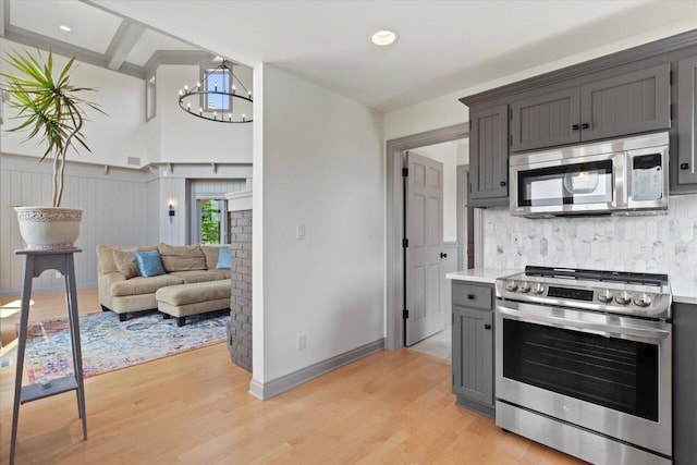 N84W36411 Riverwood Ln, Oconomowoc, WI 53066 - kitchen featuring light hardwood / wood-style floors, appliances with stainless steel finishes, a notable chandelier, and tasteful backsplash