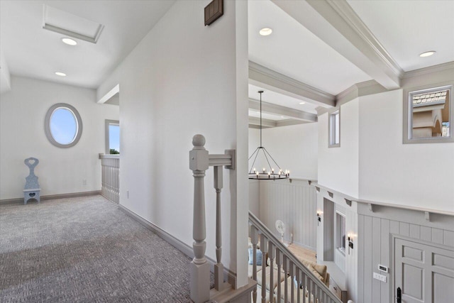 N84W36411 Riverwood Ln, Oconomowoc, WI 53066 - corridor featuring carpet, a chandelier, crown molding, and beam ceiling