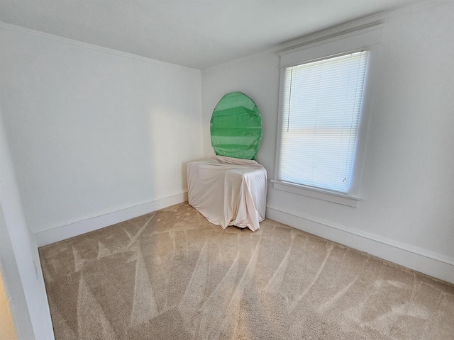 carpeted empty room featuring ornamental molding and baseboards