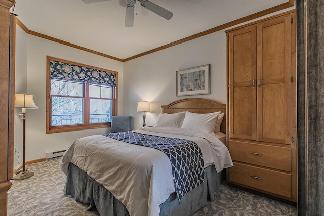 carpeted bedroom with ceiling fan, crown molding, and a baseboard radiator