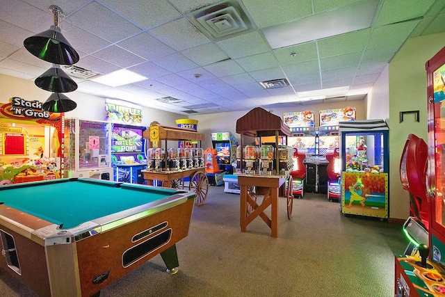 game room featuring a drop ceiling and billiards