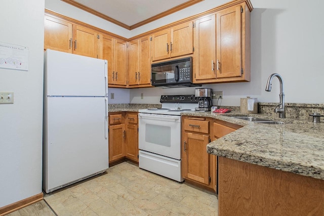 kitchen with light stone countertops, sink, white appliances, and ornamental molding