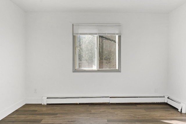 empty room featuring dark wood-type flooring and a baseboard heating unit