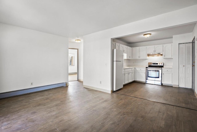 kitchen with stainless steel range with electric cooktop, white refrigerator, dark hardwood / wood-style flooring, and white cabinetry