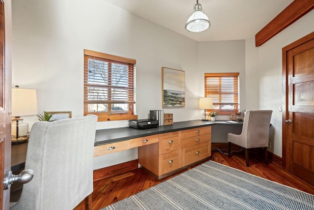 office featuring dark hardwood / wood-style floors and built in desk