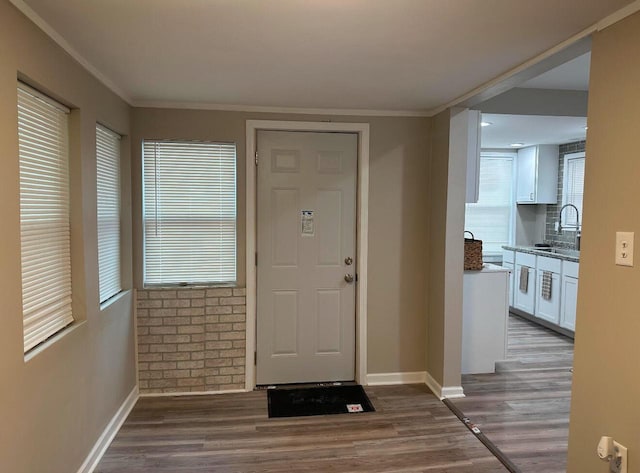 foyer featuring wood-type flooring, sink, and crown molding