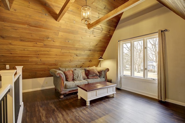 interior space with wooden ceiling, dark hardwood / wood-style flooring, and lofted ceiling with beams