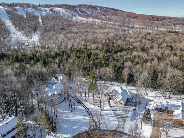 snowy aerial view with a mountain view