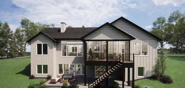 rear view of house with an outdoor living space, a patio area, and a yard