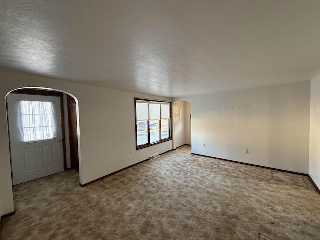 carpeted foyer entrance featuring a wealth of natural light and a textured ceiling