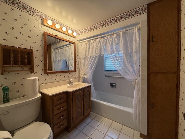 full bathroom featuring toilet, vanity, tile patterned flooring, and shower / tub combo with curtain