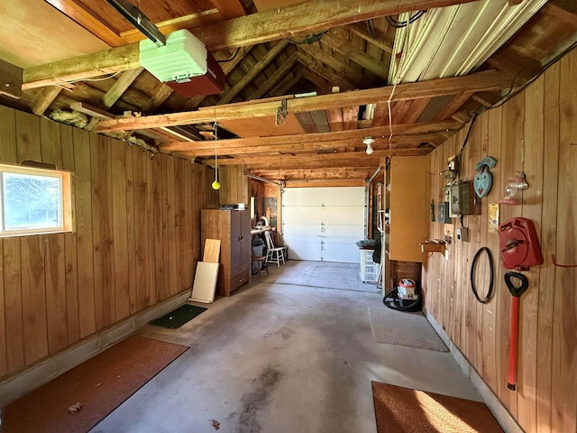 garage with wood walls