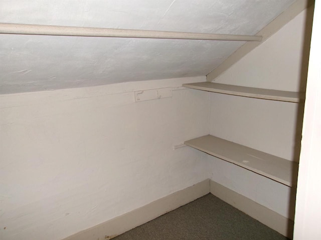interior space with carpet floors and lofted ceiling