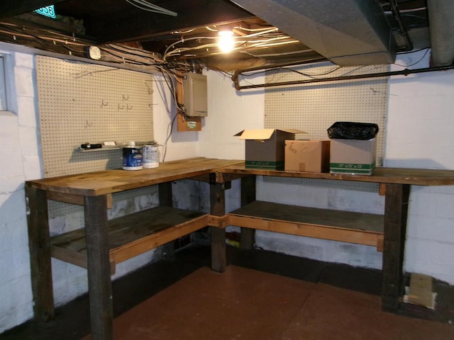 basement featuring electric panel and a workshop area