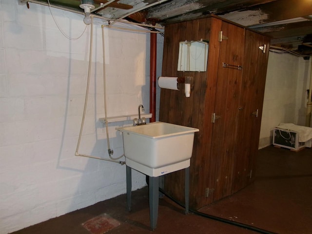basement with wooden walls and sink
