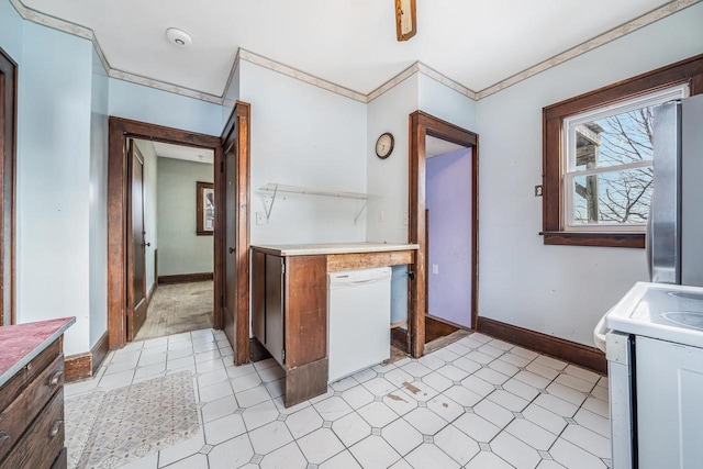 kitchen with crown molding and white appliances