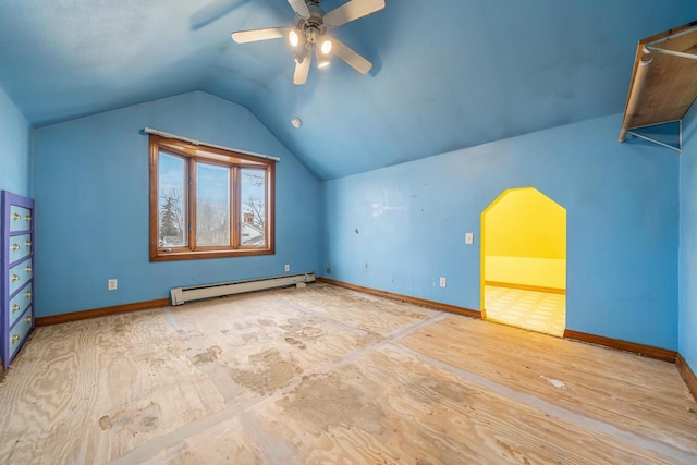 bonus room with light wood-type flooring, baseboard heating, lofted ceiling, and ceiling fan