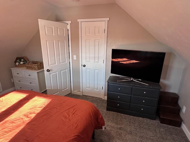 bedroom featuring carpet floors and vaulted ceiling