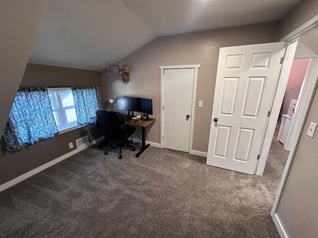 office with carpet flooring and lofted ceiling