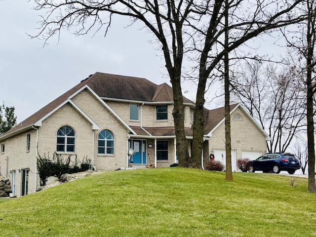 view of front facade featuring brick siding and a front lawn