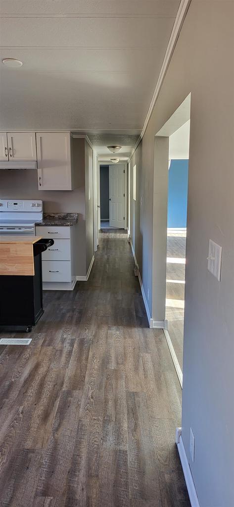 kitchen with white cabinetry, wood counters, ornamental molding, and dark hardwood / wood-style floors