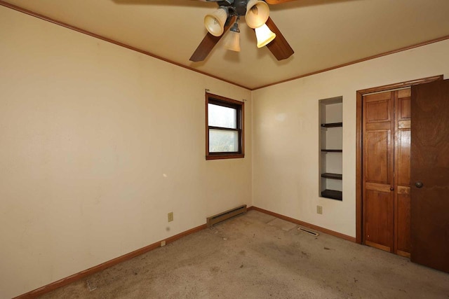 unfurnished bedroom featuring ornamental molding, a baseboard heating unit, light colored carpet, and ceiling fan