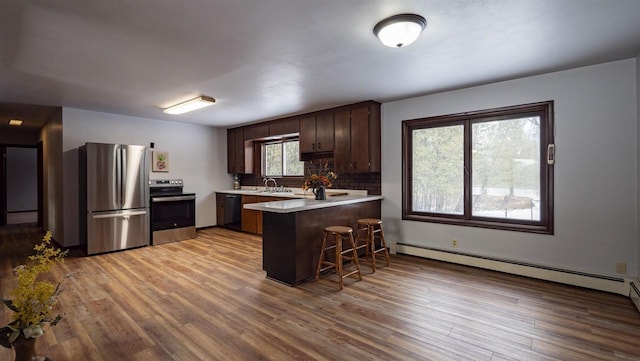 kitchen with baseboard heating, dark brown cabinetry, a kitchen bar, stainless steel appliances, and kitchen peninsula