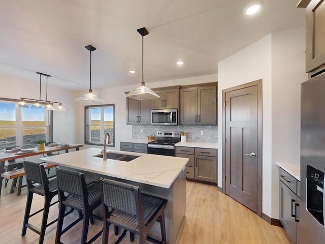 kitchen with decorative light fixtures, stainless steel appliances, sink, backsplash, and a kitchen island with sink