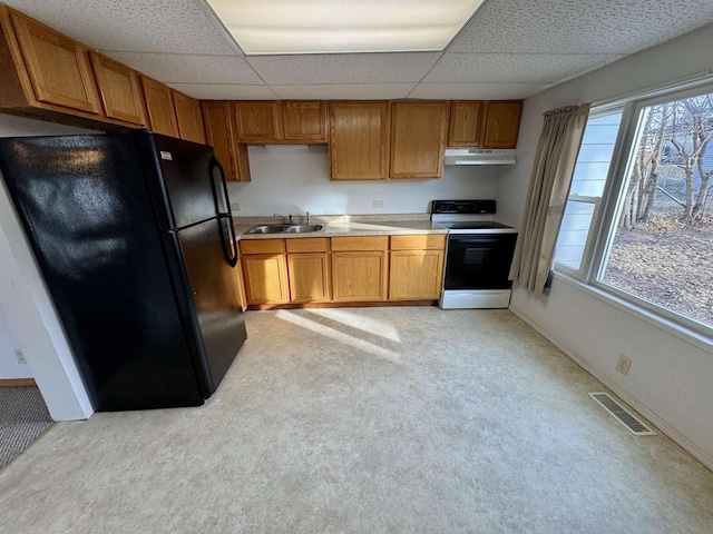 kitchen featuring black refrigerator, a wealth of natural light, range with electric cooktop, and sink