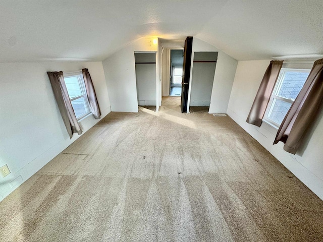 interior space with lofted ceiling, light carpet, and plenty of natural light