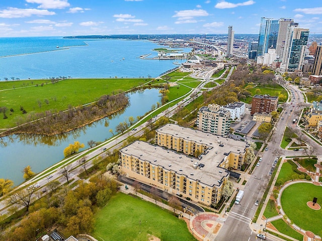 drone / aerial view with a water view