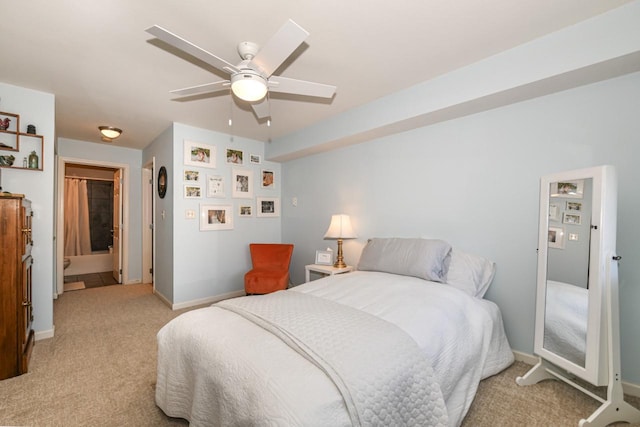 bedroom featuring ceiling fan and light colored carpet