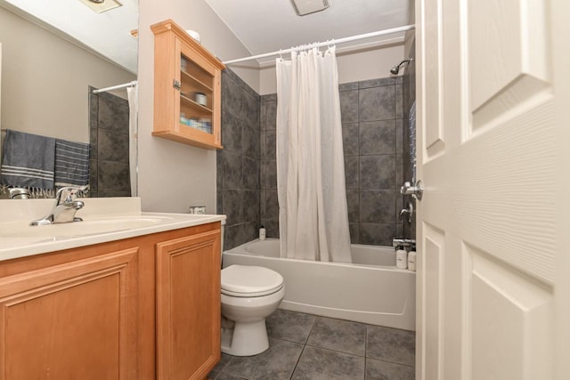 full bathroom with toilet, shower / tub combo, tile patterned flooring, and vanity