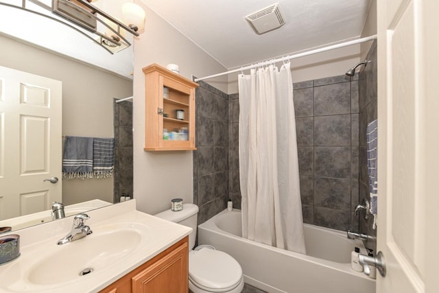 full bathroom with toilet, vanity, and shower / bathtub combination with curtain