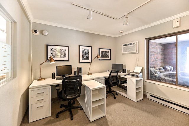 carpeted office featuring baseboard heating, track lighting, crown molding, and an AC wall unit