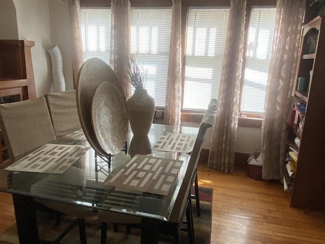 dining area with a wealth of natural light and hardwood / wood-style flooring