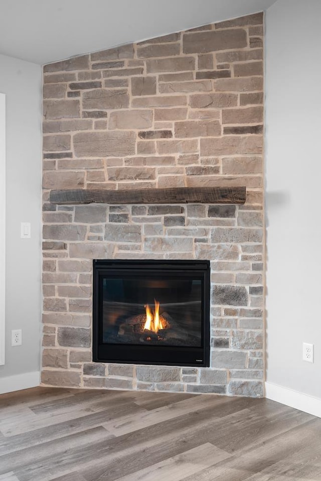 room details with a fireplace and hardwood / wood-style floors