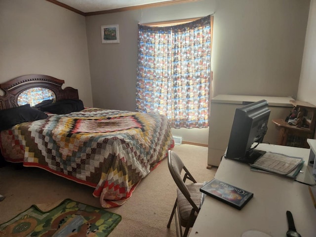 carpeted bedroom featuring ornamental molding