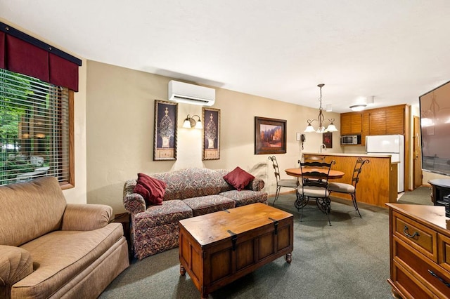 carpeted living room with an inviting chandelier and a wall mounted air conditioner