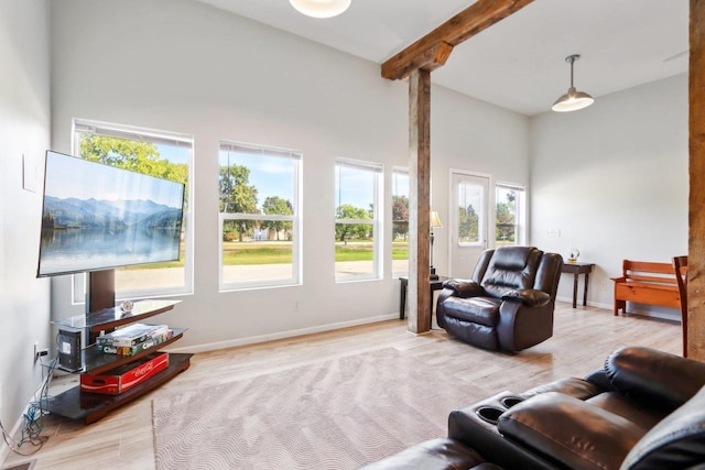 living room with a healthy amount of sunlight, light wood-type flooring, and beamed ceiling