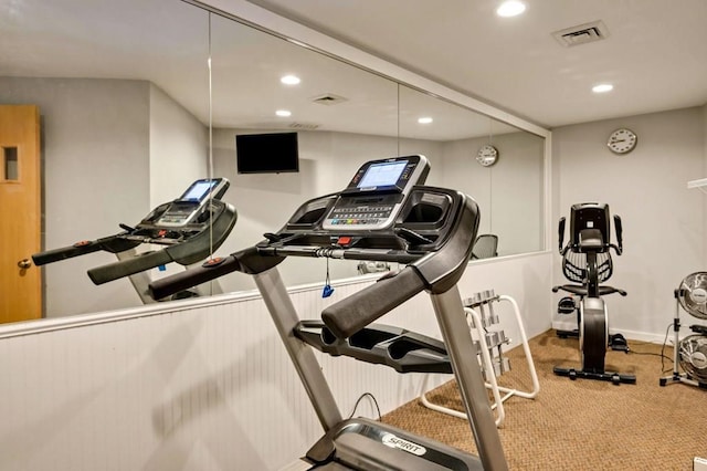 exercise room featuring carpet flooring