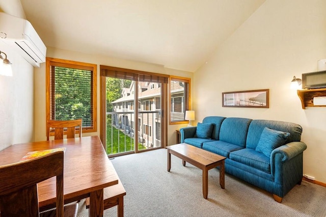 carpeted living room featuring an AC wall unit and vaulted ceiling