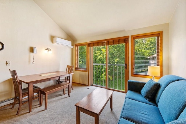 carpeted living room featuring a wealth of natural light, a wall unit AC, and vaulted ceiling