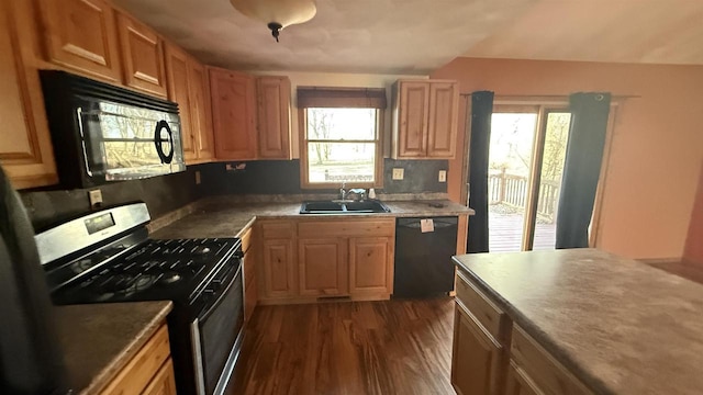 kitchen with black appliances, dark hardwood / wood-style flooring, and sink