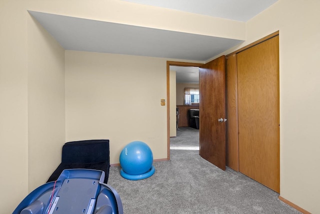 exercise area featuring light colored carpet