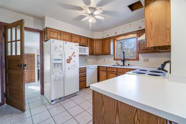 kitchen featuring kitchen peninsula, ceiling fan, sink, light tile patterned floors, and white appliances